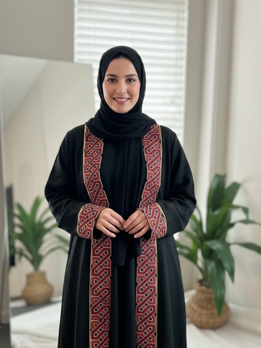 Embroidered Black Abaya with Red Geometric Trim